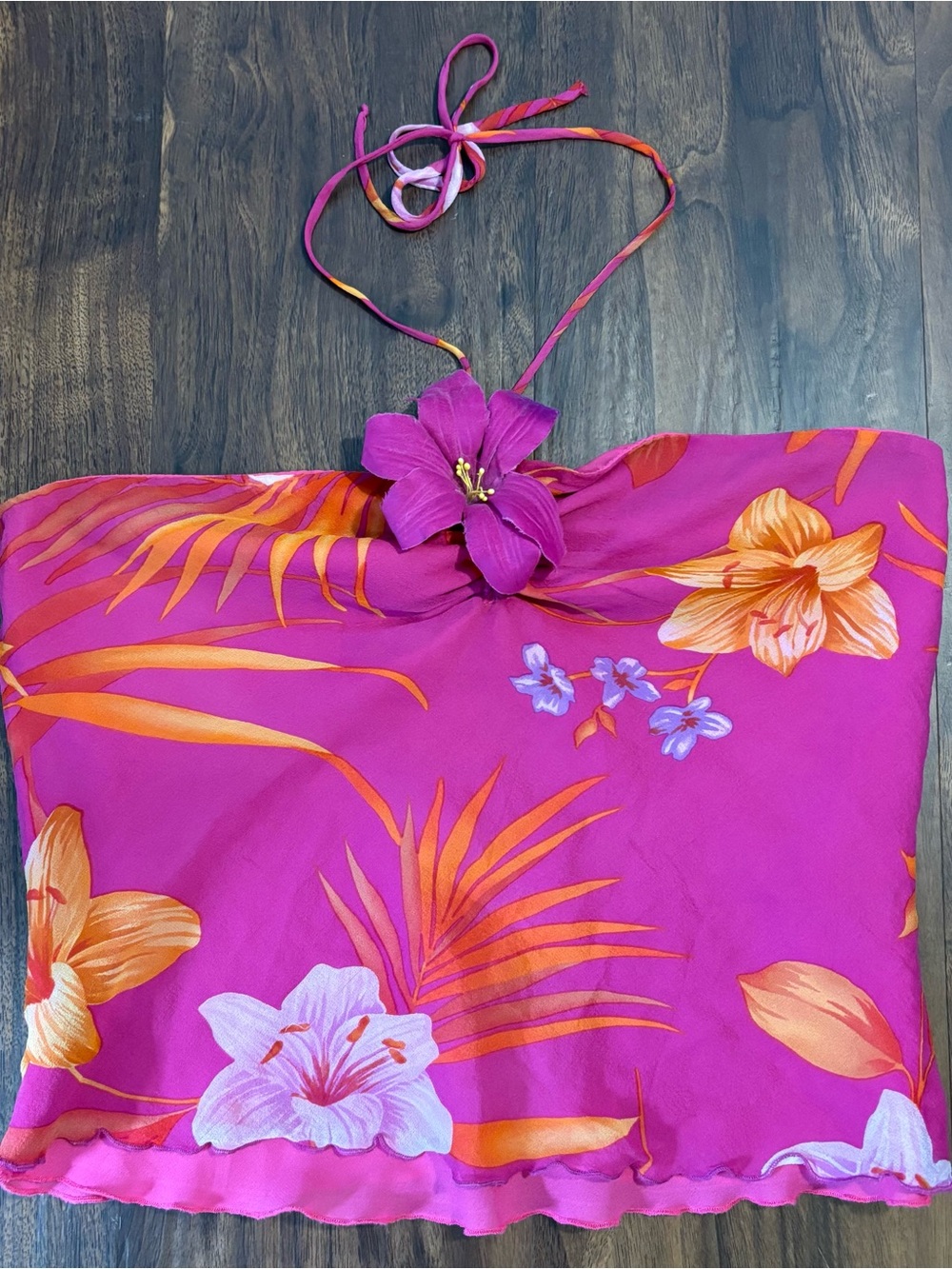 ABS Allen Schwartz Pink & Orange Floral Tube Top With Tie Around Neck 100% Silk